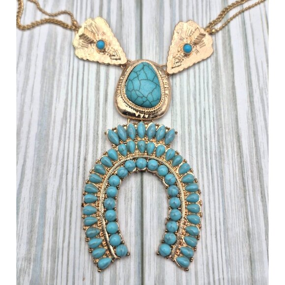 NWOT Gold Tone & Faux Turquoise Blue Horseshoe Arrowhead Necklace 26" Western - Picture 8 of 8